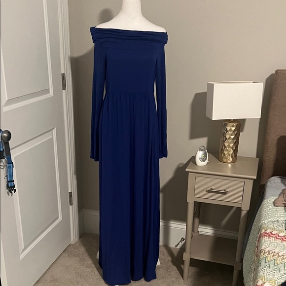 Mother Bee Maternity Dresses & Skirts - Elegant maternity Off-Shoulder Long Sleeve Dress in Blue